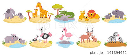 Vector African animal scenes set. Savanna collection with elephant, lion, zebra, giraffe, hippo, rhino, crocodile, antelope, and babies. Cute safari mother and baby illustration with grass background Vector African animal scenes set. Savanna collection with elephant, lion, zebra, giraffe, hippo, rhino, crocodile, antelope, and babies. Cute safari mother and baby illustration with grass background 141894452