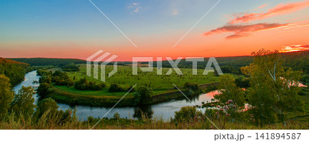 Panoramic River Valley Sunset Landscape with Green Countryside Panoramic River Valley Sunset Landscape with Green Countryside 141894587