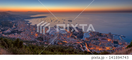 Monaco Cityscape Sunset Panorama over Mediterranean Harbor Monaco Cityscape Sunset Panorama over Mediterranean Harbor 141894743