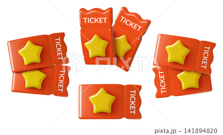 Tickets red 3D icons set with yellow stars entry pass to movie premiere cinema or concert event Tickets red 3D icons set with yellow stars entry pass to movie premiere cinema or concert event 141894820