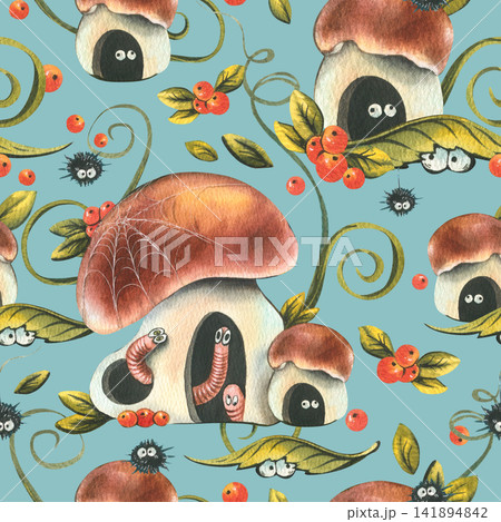 Seamless pattern with cute hand drawn watercolor mushroom houses and worms. Autumn forest illustration for children textile design. Nature characters with berries and leaves concept. 141894842