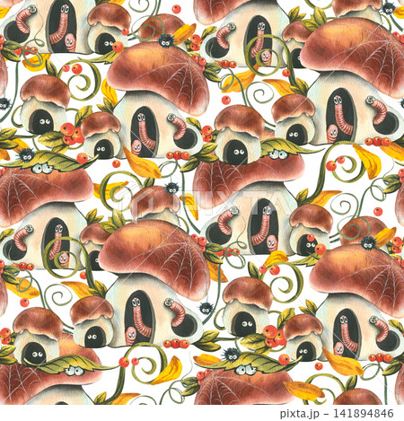 Watercolor pattern of hand drawn cute mushroom house with worm and spider. Autumn forest theme with berry and foliage for children textile, wrapping paper, wallpaper, fabric decoration. Watercolor pattern of hand drawn cute mushroom house with worm and spider. Autumn forest theme with berry and foliage for children textile, wrapping paper, wallpaper, fabric decoration. 141894846