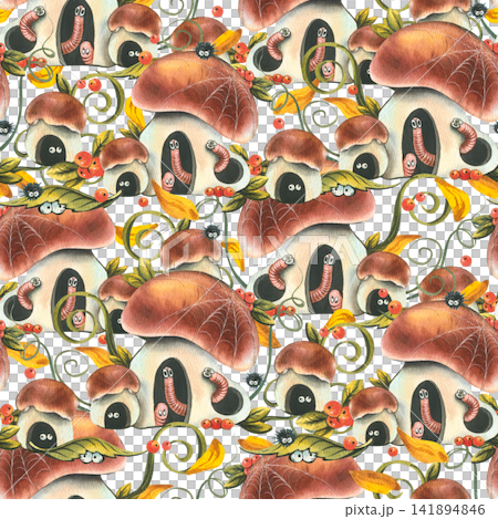 Watercolor pattern of hand drawn cute mushroom house with worm and spider. Autumn forest theme with berry and foliage for children textile, wrapping paper, wallpaper, fabric decoration. Watercolor pattern of hand drawn cute mushroom house with worm and spider. Autumn forest theme with berry and foliage for children textile, wrapping paper, wallpaper, fabric decoration. 141894846