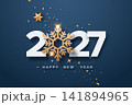 2027 Happy New Year text with golden snowflake, stars and confetti on dark blue background 141894965