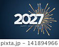 2027 Happy New Year text with golden fireworks on dark blue background 141894966