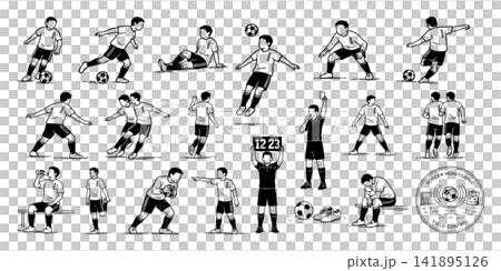 A set of pen-and-ink illustrations of soccer players: dribbling, passing, shooting, and taking a break. A set of pen-and-ink illustrations of soccer players: dribbling, passing, shooting, and taking a break. 141895126