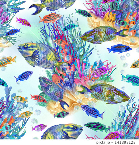 Seamless watercolor pattern with small colorful tropical fish swimming across an ocean background. Playful hand painted marine design for fabric, wallpaper, kids products and summer packaging Seamless watercolor pattern with small colorful tropical fish swimming across an ocean background. Playful hand painted marine design for fabric, wallpaper, kids products and summer packaging 141895128