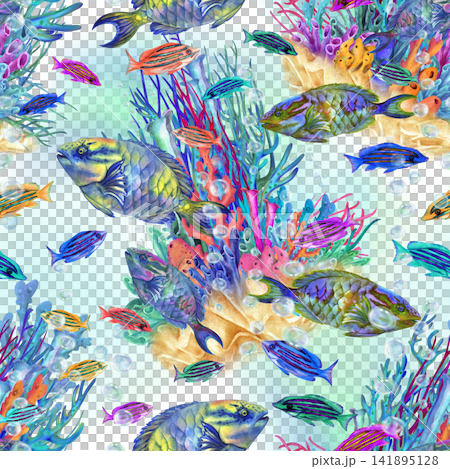 Seamless watercolor pattern with small colorful tropical fish swimming across an ocean background. Playful hand painted marine design for fabric, wallpaper, kids products and summer packaging Seamless watercolor pattern with small colorful tropical fish swimming across an ocean background. Playful hand painted marine design for fabric, wallpaper, kids products and summer packaging 141895128