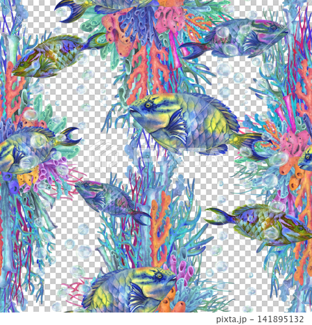 Decorative seamless watercolor pattern with tropical coral reef compositions, colorful fish and underwater plants. Vibrant hand painted marine design for textiles, wallpaper, packaging and summer Decorative seamless watercolor pattern with tropical coral reef compositions, colorful fish and underwater plants. Vibrant hand painted marine design for textiles, wallpaper, packaging and summer 141895132