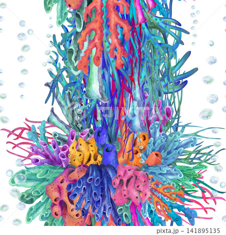 Seamless watercolor pattern with vertical tropical coral reef arrangements and colorful marine plants. Hand painted ocean design for textiles, wallpaper, wrapping paper and coastal decor. Seamless watercolor pattern with vertical tropical coral reef arrangements and colorful marine plants. Hand painted ocean design for textiles, wallpaper, wrapping paper and coastal decor. 141895135