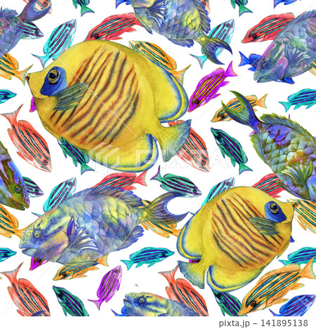 Vibrant seamless watercolor pattern with tropical fish, colorful corals and reef plants. Dense hand painted underwater design for fabric, wallpaper, packaging, wrapping paper and summer decor. 141895138