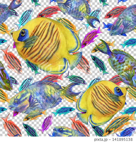 Vibrant seamless watercolor pattern with tropical fish, colorful corals and reef plants. Dense hand painted underwater design for fabric, wallpaper, packaging, wrapping paper and summer decor. 141895138
