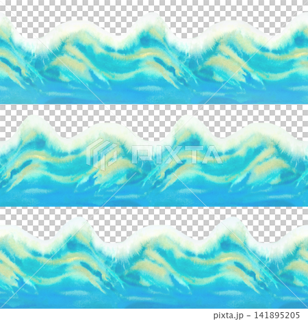 Expressive watercolor stripe pattern with rolling ocean surf and coastal movement. Hand painted marine seamless background ideal for wallpaper, textile, fabric, branding and summer themed projects Expressive watercolor stripe pattern with rolling ocean surf and coastal movement. Hand painted marine seamless background ideal for wallpaper, textile, fabric, branding and summer themed projects 141895205