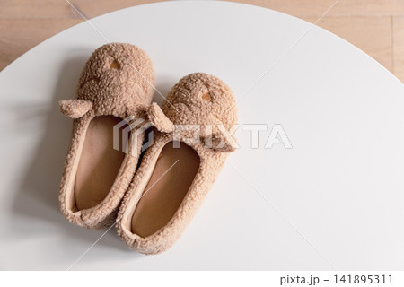 Cozy plush animal shaped slippers for comfortable home wear on a clean surface 141895311
