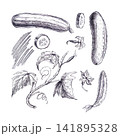 Cucumber set with whole fruits, flowers, leaves, vines Isolated hand drawn graphite pencil sketch. A botanical culinary element for organic food packaging, recipe designs, and botanical art print. 141895328