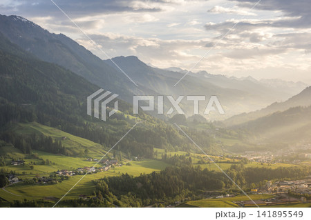 Scenic aerial view of picturesque valley and mountains in St Johann im Pongau region 141895549