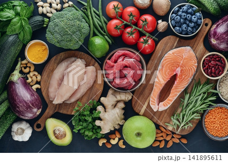 Top view of raw whole foods for Mediterranean diet, clean eating and nutritious meal planning. Top view of raw whole foods for Mediterranean diet, clean eating and nutritious meal planning. 141895611