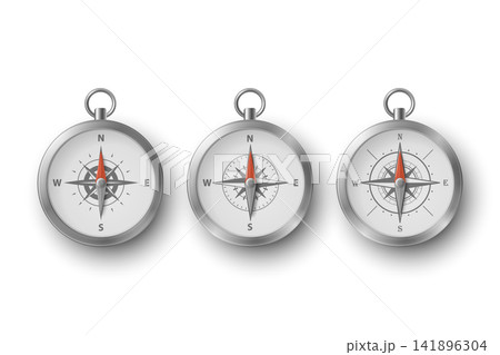 Compass Icon Set 3d Vector Illustration. Steel Magnetic Compass Icons Isolated. Silver Compass Collection. Direction and Travel Symbol Design 141896304