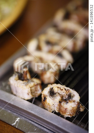 Grilled Mushroom and Meat Skewers on Grill 141896532