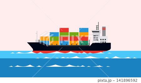 Cargo shipping vessel with stacked containers sailing on deep blue sea, shipping Cargo shipping vessel with stacked containers sailing on deep blue sea, shipping 141896592
