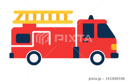 Bright red fire truck with yellow ladder for emergency services, emergency Bright red fire truck with yellow ladder for emergency services, emergency 141896596