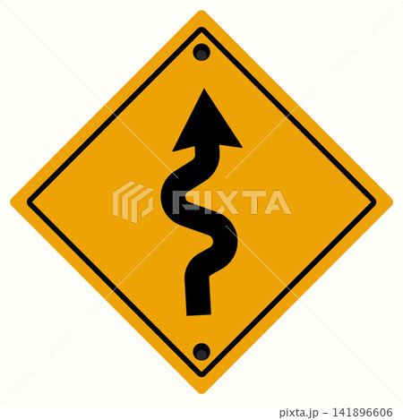 Yellow diamond warning sign indicating winding road ahead for traffic safety Yellow diamond warning sign indicating winding road ahead for traffic safety 141896606