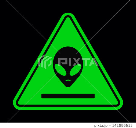 Alien encounter warning sign on dark background with extraterrestrial, isolated Alien encounter warning sign on dark background with extraterrestrial, isolated 141896613