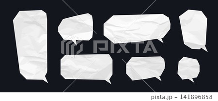 Comic crumpled paper speech bubble collection. Wrinkled chat box set. Torn paper dialogue shapes for sticker, collage, text box, banner, poster. Vector empty textured irregular scrapbook elements 141896858