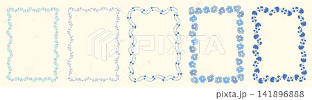 Blue decorative doodle flower vector frames set, Cute romantic hand drawn floral borders for greeting cards, invitations and product label design 141896888