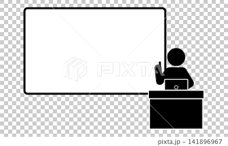 一個人物正在使用筆記型電腦進行演示的象形圖。 一個人物正在使用筆記型電腦進行演示的象形圖。 141896967