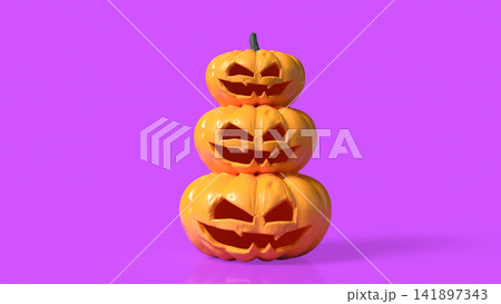 Stacked Spooky Jack O Lantern Pumpkins on Vibrant Pink Background 3d render. 141897343