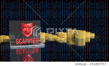 Online Scammer Hiding Behind Digital Mask and Laptop 3d render. Online Scammer Hiding Behind Digital Mask and Laptop 3d render. 141897357