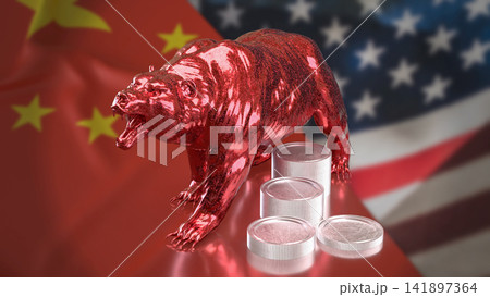 Red Bear Market Between China and United States Economies 3d render. 141897364