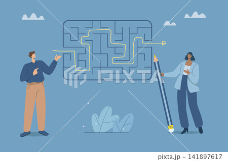 Complex problem solving skills, Businessman holding a big pencil showing how to solve a maze, Solving complex business problems, Intelligence and the ability to overcome difficulties. Complex problem solving skills, Businessman holding a big pencil showing how to solve a maze, Solving complex business problems, Intelligence and the ability to overcome difficulties. 141897617