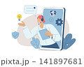 Customer service provides online consultation via phone app, Call center, Technical support or customer service, Communication between service and customers with mobile. Vector illustration. 141897681