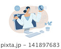 Technical support or customer service, Hotline 24 hours service, Online customer consultation or feedback, Woman wearing headphones holding a wrench and helping customers solve problems. 141897683