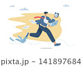 Businessman in a hurry to work on time, Busy business concept, Male employee is running in a hurry and stressed about the time, Time management and work efficiency, Vector design illustration. 141897684