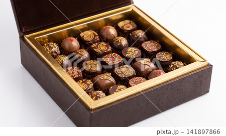 Assorted chocolate pralines in a dark brown leather look gift box with chocolate pralines truffles confectionery assorted container delicious presentation packaging celebration indulgence Assorted chocolate pralines in a dark brown leather look gift box with chocolate pralines truffles confectionery assorted container delicious presentation packaging celebration indulgence 141897866