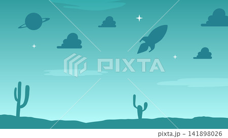 Minimal Desert Sky Silhouette with Flying Rocket and Planet Illustration. Space concept vector. Kids and toys background. 141898026