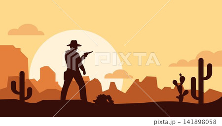 Cowboy using gun at sunset silhouette background. Western landscape decorative vector illustration. Cowboy using gun at sunset silhouette background. Western landscape decorative vector illustration. 141898058