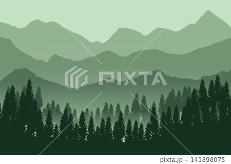 Mountains and ridge panorama silhouette background. Beautiful peak view. Morning pine trees landscape illustration. Mountains and ridge panorama silhouette background. Beautiful peak view. Morning pine trees landscape illustration. 141898075
