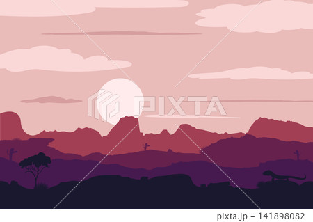 Sunset desert landscape silhouette background. Panoramic view of western cactus and mountain layers. Sunset desert landscape silhouette background. Panoramic view of western cactus and mountain layers. 141898082