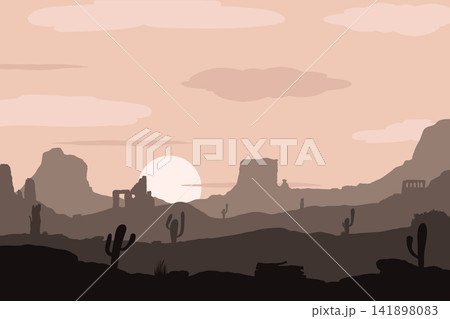 Sunset desert landscape silhouette background. Panoramic view of western cactus and mountain layers. Sunset desert landscape silhouette background. Panoramic view of western cactus and mountain layers. 141898083