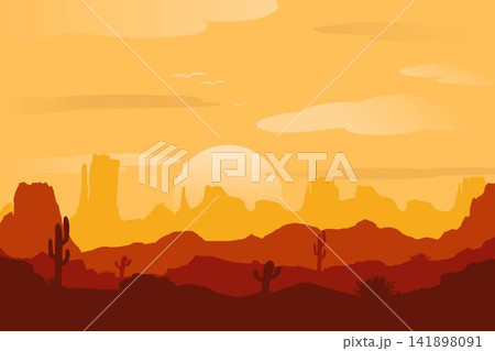 Sunset desert panoramic silhouette background. Panoramic view of cactus and mountain layers. Monument Valley landscape on a summer evening. 141898091