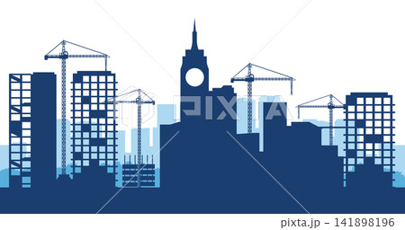 Urban Construction Site Silhouette. Modern Industrial Landscape. Tower Cranes and High Rise Building Vector Background Urban Construction Site Silhouette. Modern Industrial Landscape. Tower Cranes and High Rise Building Vector Background 141898196