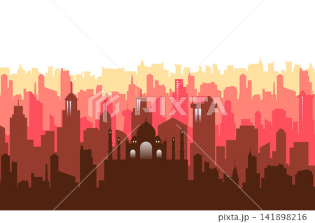 India Skyline Silhouette. Urban landscape vector background. Modern cityscape horizontal banner. 141898216