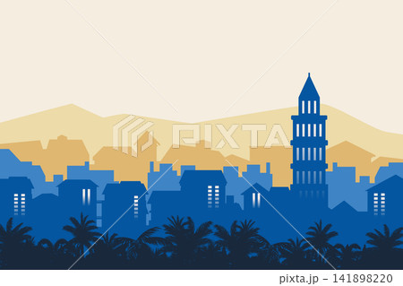 Croatia City Skyline Silhouette. Historic Tower and Palm Trees Vector Background. Roofs of houses. Country landscape. Trendy cityscape silhouette Croatia City Skyline Silhouette. Historic Tower and Palm Trees Vector Background. Roofs of houses. Country landscape. Trendy cityscape silhouette 141898220