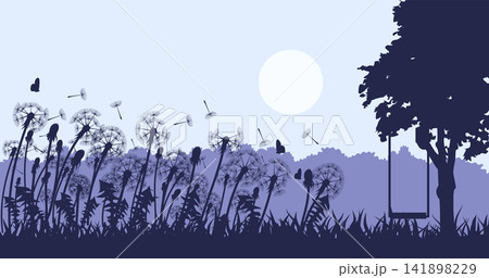 Dandelion Meadow Silhouette with Tree Swing Background. Vector Illustration Dandelion Meadow Silhouette with Tree Swing Background. Vector Illustration 141898229