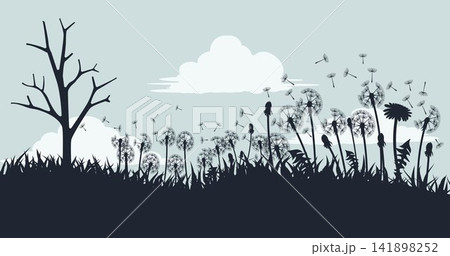Minimalist Dandelion Meadow Landscape with Bare Tree, Floating Seeds, and Cloudy Sky Nature Vector Background 141898252