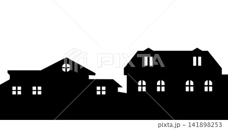 Minimal House Rooftop Silhouette Background. Black cityscape. Group of building in small city. Vector illustration Minimal House Rooftop Silhouette Background. Black cityscape. Group of building in small city. Vector illustration 141898253